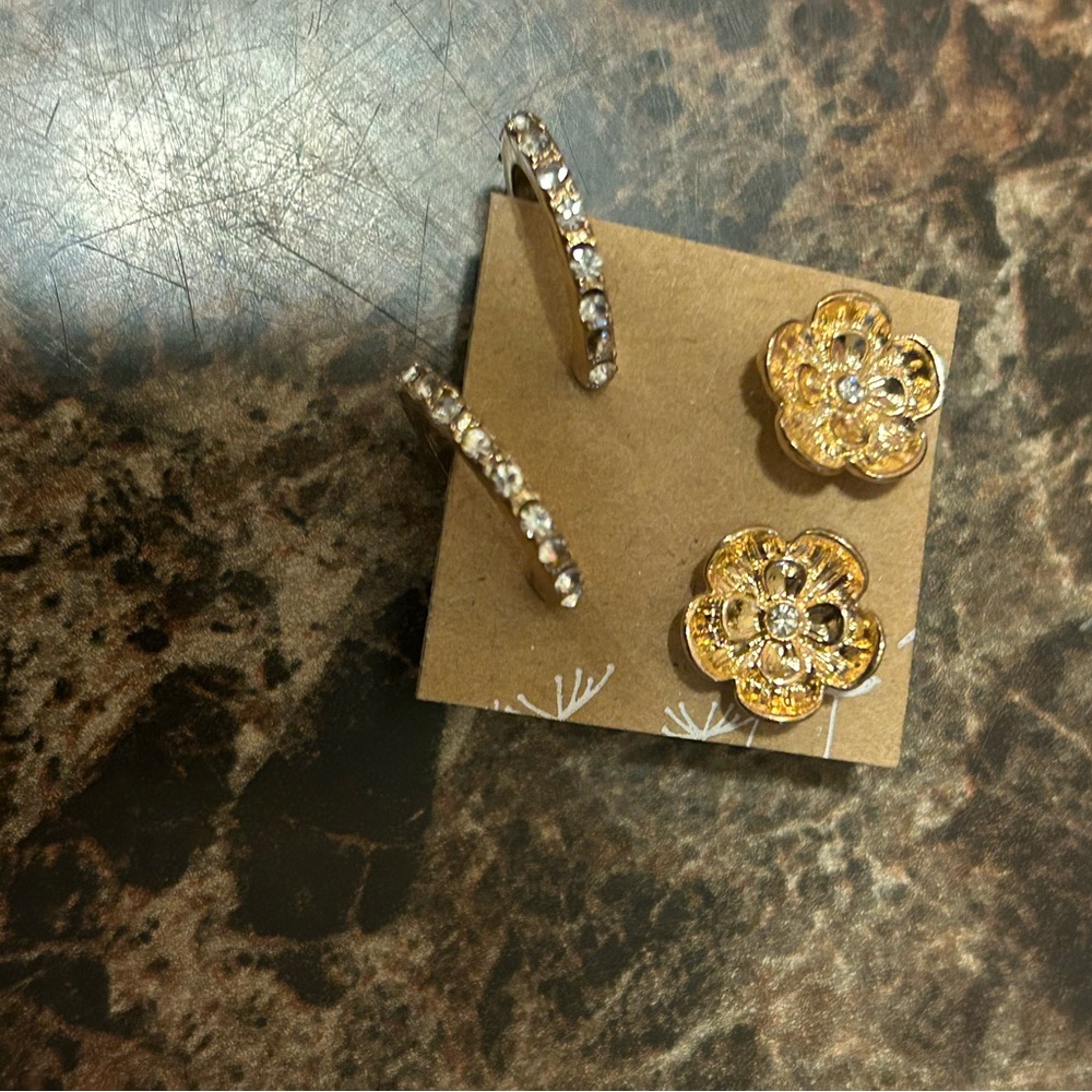 Gold tone  Flower Earrings  with rhinestone accents  set of two pairs